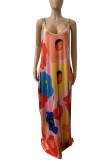 レッド ファッション カジュアル プラス サイズ プリント バックレス スパゲッティ ストラップ ロング ドレス