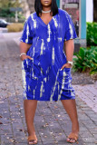 Vestido azul fashion casual plus size com estampa básica decote em v manga curta
