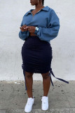 Saias de cintura alta moda casual azul tibetano com dobra sólida regular
