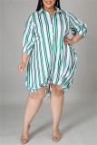 Зеленое модное повседневное платье-рубашка больших размеров с полосатым принтом, базовое платье-рубашка с отложным воротником
