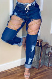 Blue Fashion Casual Solid Ripped Hollowed Out Chains High Waist Regular Jeans