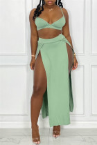 Green Fashion Sexy Solid Backless Slit Spaghetti Strap Sans manches Deux pièces