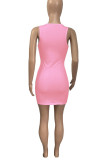 Pink Sexy Solid Patchwork V Neck A Line Dresses