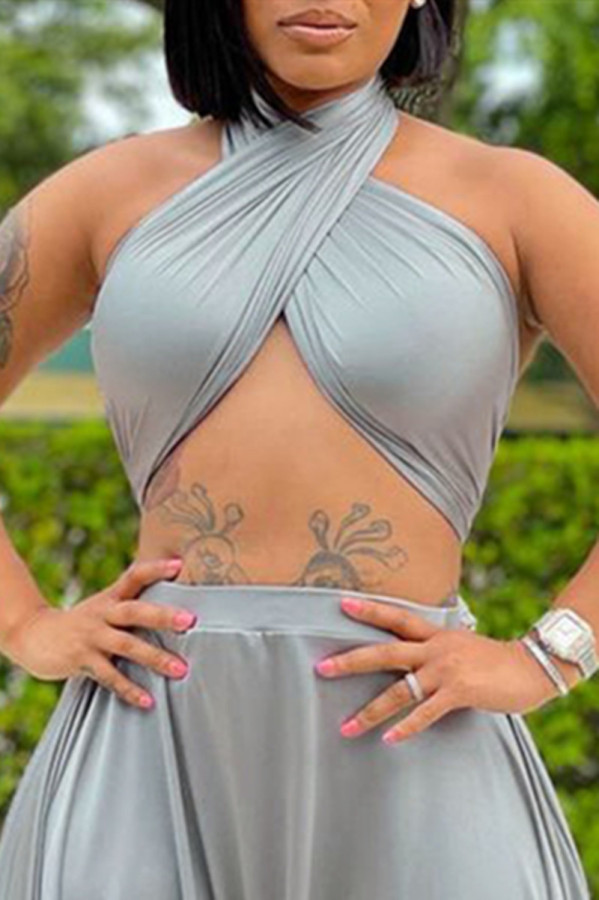 Grey Fashion Sexy Solid Bandage Backless Tops