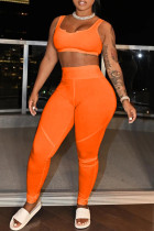 Orange Casual Sportswear Solid Gilets Pantalons U Neck Sans Manches Deux Pièces