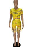Yellow Fashion Casual Print Tassel O Neck Short Sleeve Two Pieces