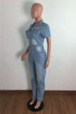 Babyblauw Mode Casual Effen Rits Kraag Normale Jumpsuits