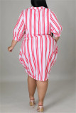 Rose Red Fashion Casual Plus Size Striped Print Basic Umlegekragen Hemdkleid
