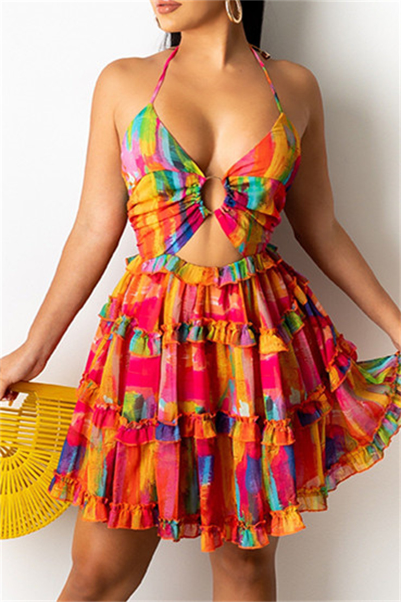 

Colour Sexy Print Bandage Hollowed Out Backless Halter Sling Dress