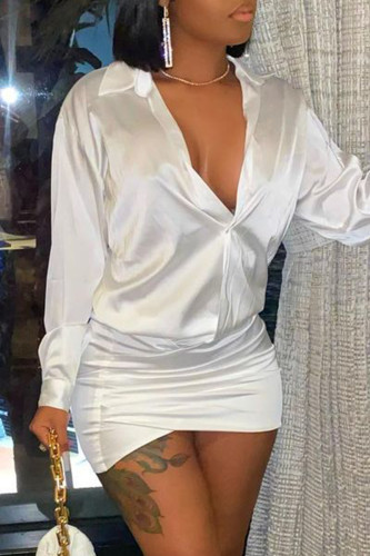 Weiße, sexy, lässige, solide Basic-Kleider mit V-Ausschnitt und langen Ärmeln