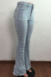 Ljusblått Mode Casual Solida, urholkade vanliga jeans med hög midja