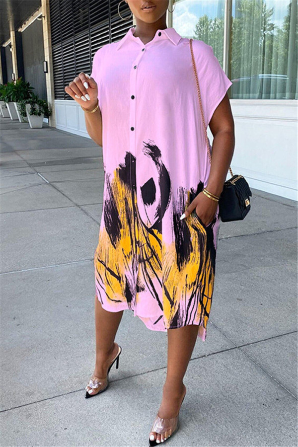 ピンク ファッション カジュアル プリント 非対称 ターンダウン カラー シャツ ドレス
