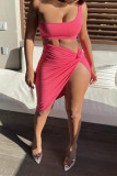 Pink Fashion Sexy Solid Asymmetrical One Shoulder Sleeveless Two Pieces