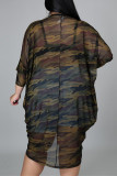 Legergroene Mode Casual Camouflage Print Asymmetrische V-hals Plus Size Overjas