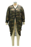 Army Green Fashion Casual Camouflage Print Asymmetrical V Neck Plus Size Overcoat