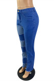 Vaqueros regulares de cintura alta básicos de patchwork casual de moda azul