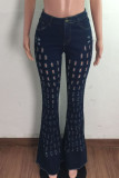 Light Blue Fashion Casual Solid Hollowed Out High Waist Regular Hole Flare Leg Jeans