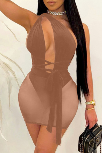 Khaki Fashion Sexy Patchwork Bandage Hollowed Out Backless One Shoulder Sleeveless Dress