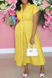Желтое модное повседневное однотонное платье с отложным воротником и короткими рукавами