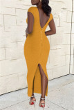 Желтое сексуальное повседневное однотонное платье без спинки с разрезом и V-образным вырезом с коротким рукавом