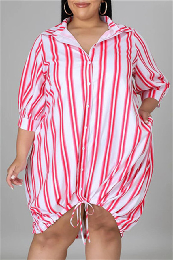 ローズレッドファッションカジュアルプラスサイズストライププリントベーシックターンダウンカラーシャツドレス