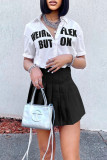 Black Fashion Casual Letter Print Basic Turndown Collar Short Sleeve Two Pieces