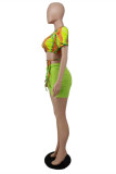 Флуоресцентный зеленый модный сексуальный бандаж с принтом асимметричный V-образный вырез с коротким рукавом из двух частей