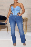 Jeans de talla grande con abertura de vendaje sólido casual de moda azul medio