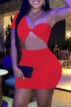 Rode mode sexy effen uitgeholde backless jurk met korte mouwen