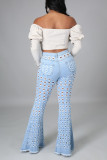 Jeans regular azul claro moda casual sólido vazado cintura alta