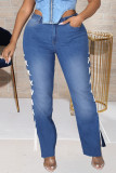 ミディアム ブルー ファッション カジュアル ソリッド バンデージ スリット プラス サイズ ジーンズ