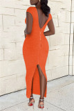 Оранжевое сексуальное повседневное однотонное платье без спинки с разрезом и V-образным вырезом с коротким рукавом