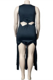 ブラックセクシーカジュアルプラスサイズプリントタッセルリップドOネックベストドレス