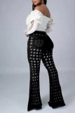 Black Fashion Casual Solid Hollowed Out High Waist Regular Jeans