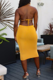 Vestido amarelo fashion sexy sem costas sem costas e sem mangas