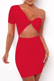 Vestido de manga corta sin espalda ahuecado sólido sexy de moda roja