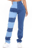 Синие модные повседневные лоскутные базовые джинсы с высокой талией и обычной талией