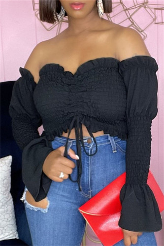 Black Sexy Casual Solid Draw String Backless Off the Shoulder Tops