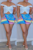 Ljusblå Mode Casual Print Basic vanliga shorts med hög midja
