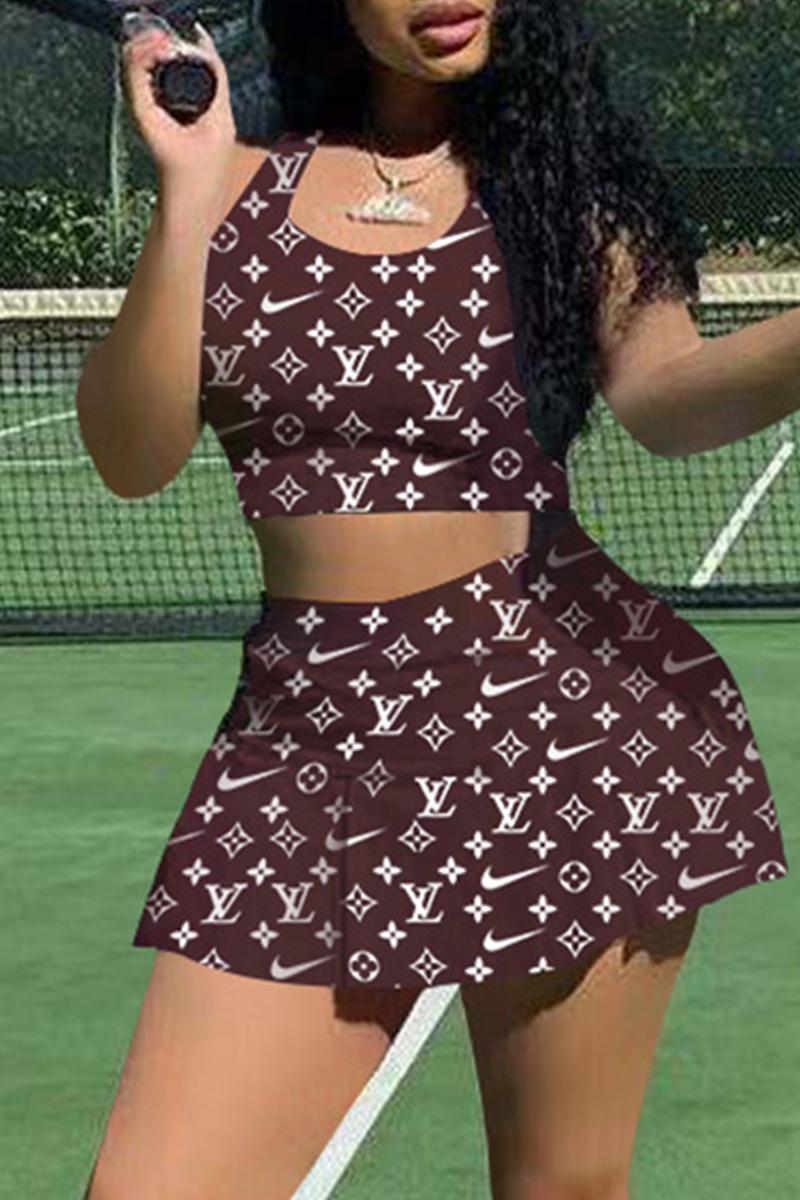 

Coffee Sexy Sportswear Print Vests U Neck Sleeveless Two Pieces