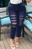 Jeans Médio Azul Moda Casual Sólido Rasgado Plus Size