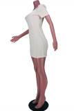 Абрикосовое сексуальное повседневное однотонное базовое платье с квадратным воротником и коротким рукавом
