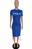 Deep Blue Fashion Casual Letter Print Draw String Fold Half A Turtleneck Short Sleeve Dress