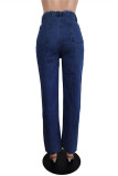 Jeans regolari a vita alta con catene strappate strappate casual alla moda blu