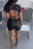 Black Sexy Casual Solid Backless V Neck Short Sleeve Two Pieces