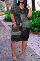 Черное модное повседневное базовое платье с V-образным вырезом и коротким рукавом с принтом