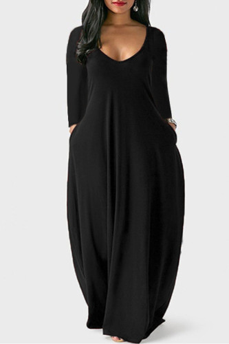 Zwarte casual effen patchwork rechte jurken met V-hals