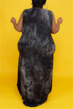 Robe noire à la mode décontractée de grande taille avec imprimé tie-dye et col rond