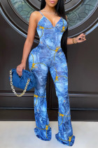 Blue Fashion Sexy Print Backless Spaghetti Strap Regular Jumpsuits