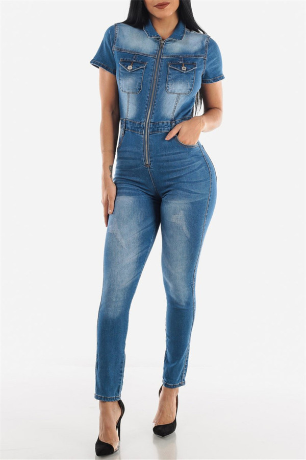 Donkerblauw Modieus Casual Effen Rits Kraag Normale Jumpsuits